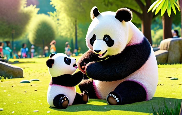 A vibrant and colorful scene with Kiki, MiuMiu, and Baby Panda happily interacting and playing together in a sunny park, reminiscent of a BabyBus episode.