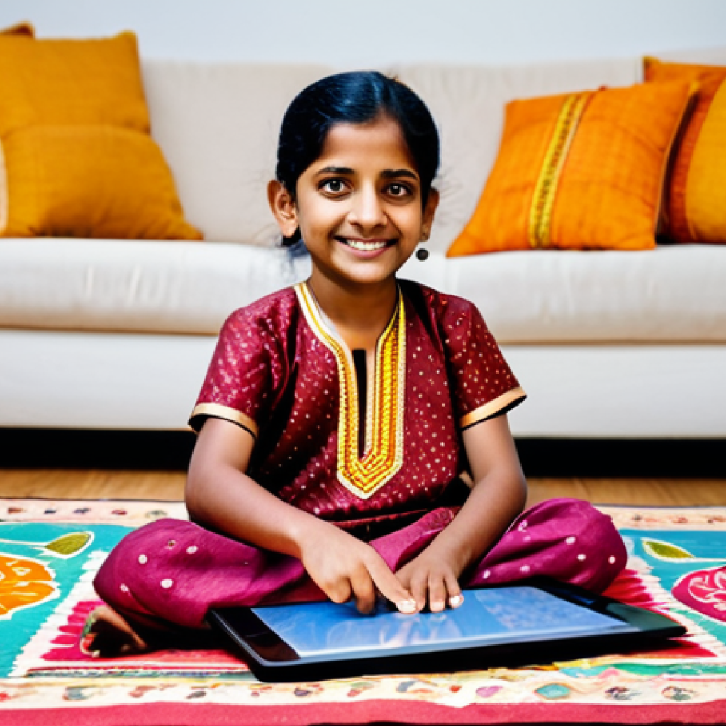 A joyful Indian child, approximately 6-7 years old, wearing vibrant and modest traditional Indian clothing, sitting comfortably on a patterned rug in a brightly lit, family-friendly living room. The child is deeply engaged with an educational application displayed on a digital tablet, showing animated characters that subtly incorporate elements of Indian festivals and cultural motifs. The background features warm, inviting Indian home decor with colorful textiles and age-appropriate, wholesome toys. The scene captures culturally relevant learning and a positive, safe atmosphere. fully clothed, modest clothing, appropriate attire, professional dress, safe for work, appropriate content, family-friendly, perfect anatomy, correct proportions, natural pose, well-formed hands, proper finger count, natural body proportions, professional photography, high quality.