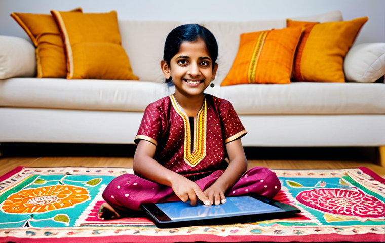 A joyful Indian child, approximately 6-7 years old, wearing vibrant and modest traditional Indian clothing, sitting comfortably on a patterned rug in a brightly lit, family-friendly living room. The child is deeply engaged with an educational application displayed on a digital tablet, showing animated characters that subtly incorporate elements of Indian festivals and cultural motifs. The background features warm, inviting Indian home decor with colorful textiles and age-appropriate, wholesome toys. The scene captures culturally relevant learning and a positive, safe atmosphere. fully clothed, modest clothing, appropriate attire, professional dress, safe for work, appropriate content, family-friendly, perfect anatomy, correct proportions, natural pose, well-formed hands, proper finger count, natural body proportions, professional photography, high quality.