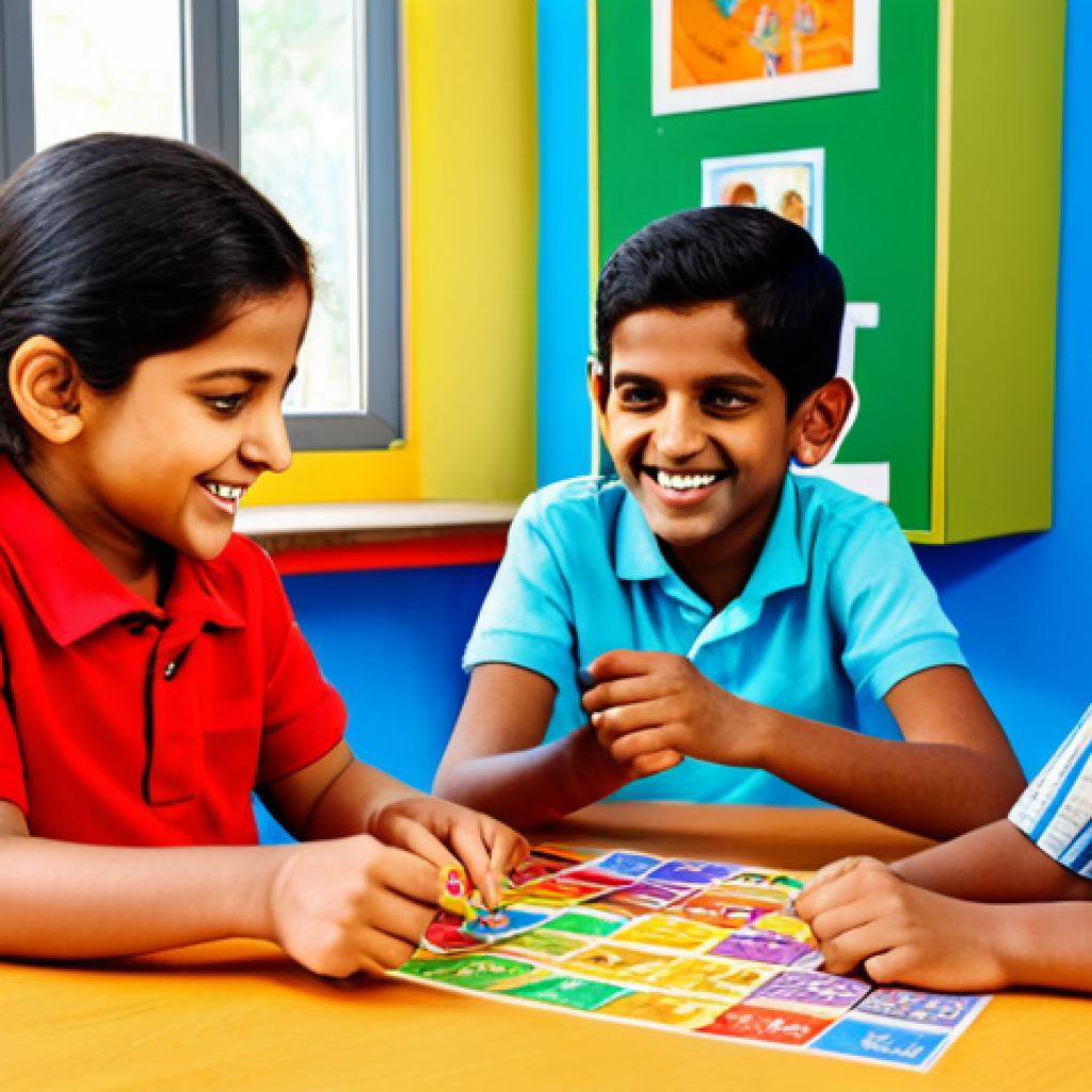**
"A group of happy children learning Hindi letters playfully in a colorful classroom. They are engaged with picture cards and building blocks. The scene is bright, cheerful, and designed to inspire a love for learning. Safe for work, appropriate content, fully clothed, family-friendly, perfect anatomy, natural proportions, professional."
**