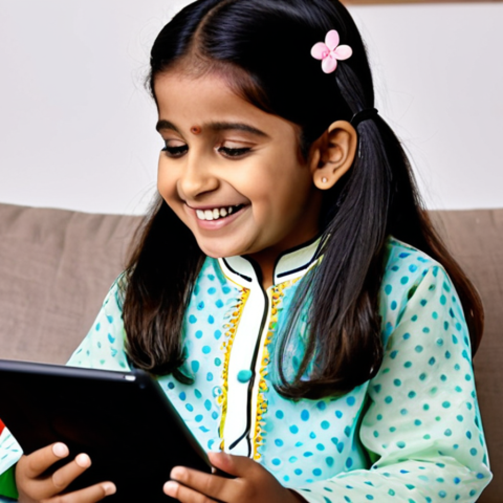 **A 4-year-old Indian girl, fully clothed in a bright, colorful kurta pajama, singing along to a BabyBus video on a tablet. She is smiling and animated, with perfect anatomy and correct proportions. The background is a cozy, family-friendly living room with toys scattered around. Professional, safe for work, appropriate content, family-friendly.**