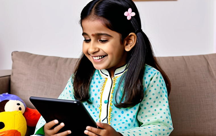 **A 4-year-old Indian girl, fully clothed in a bright, colorful kurta pajama, singing along to a BabyBus video on a tablet. She is smiling and animated, with perfect anatomy and correct proportions. The background is a cozy, family-friendly living room with toys scattered around. Professional, safe for work, appropriate content, family-friendly.**