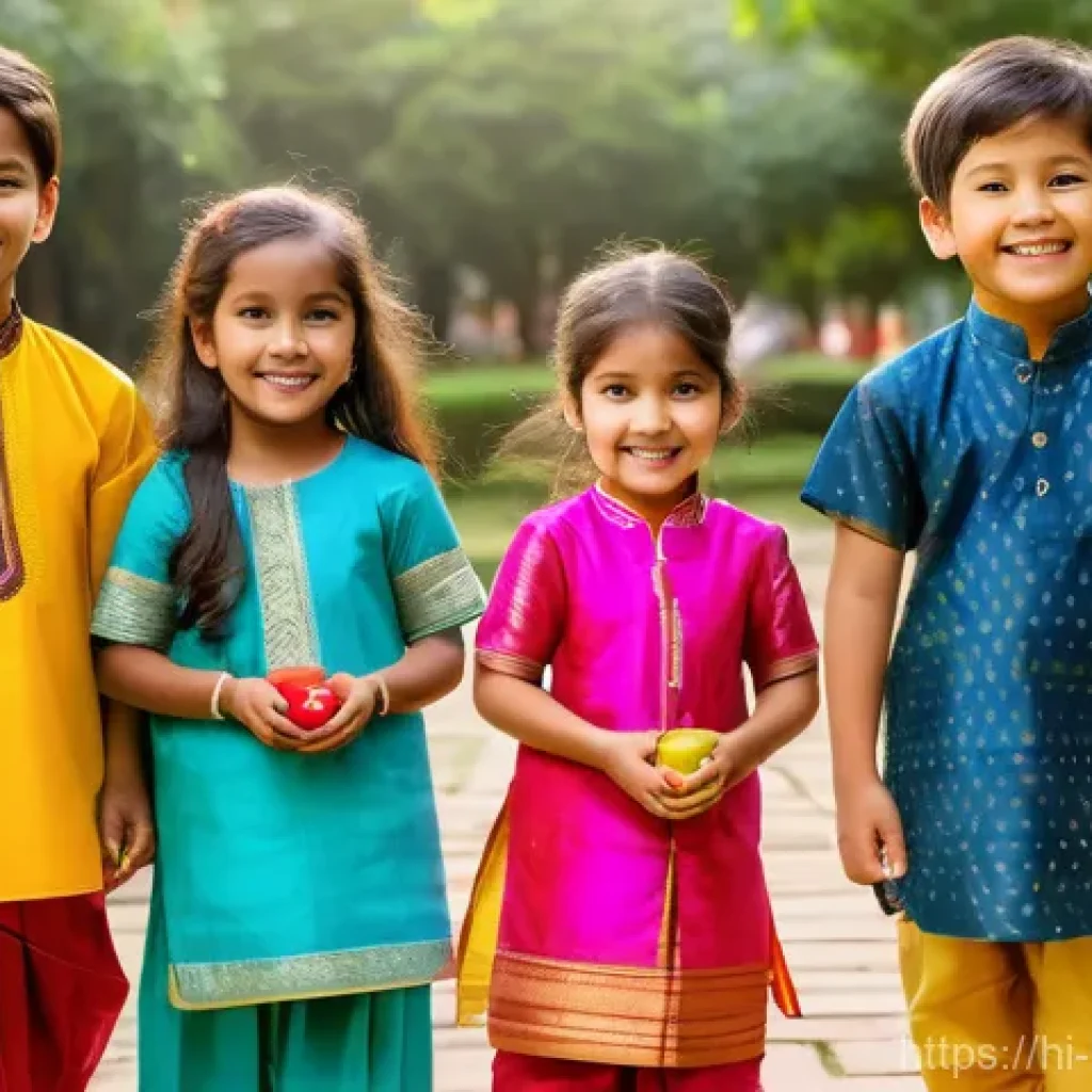베이비버스의 다문화 교육 기여도 - A group of five diverse children, aged 5-8, joyfully participating in a "Global Friendship Festival....