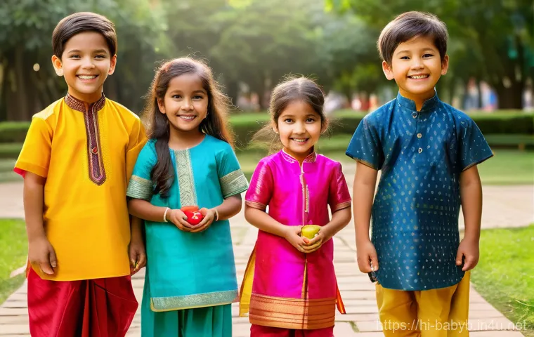 베이비버스의 다문화 교육 기여도 - A group of five diverse children, aged 5-8, joyfully participating in a "Global Friendship Festival....