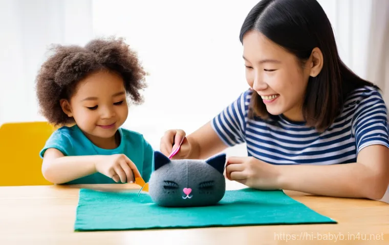 베이비버스 인형 DIY 방법 - **Family Doll-Making Fun:**
"A cozy and brightly lit living room scene. A joyful mother and her ...